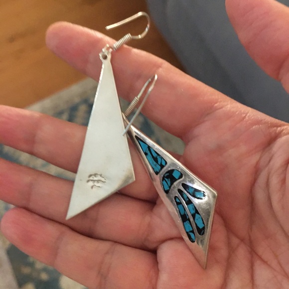 Inlay turquoise sterling silver earrings - Picture 3 of 6